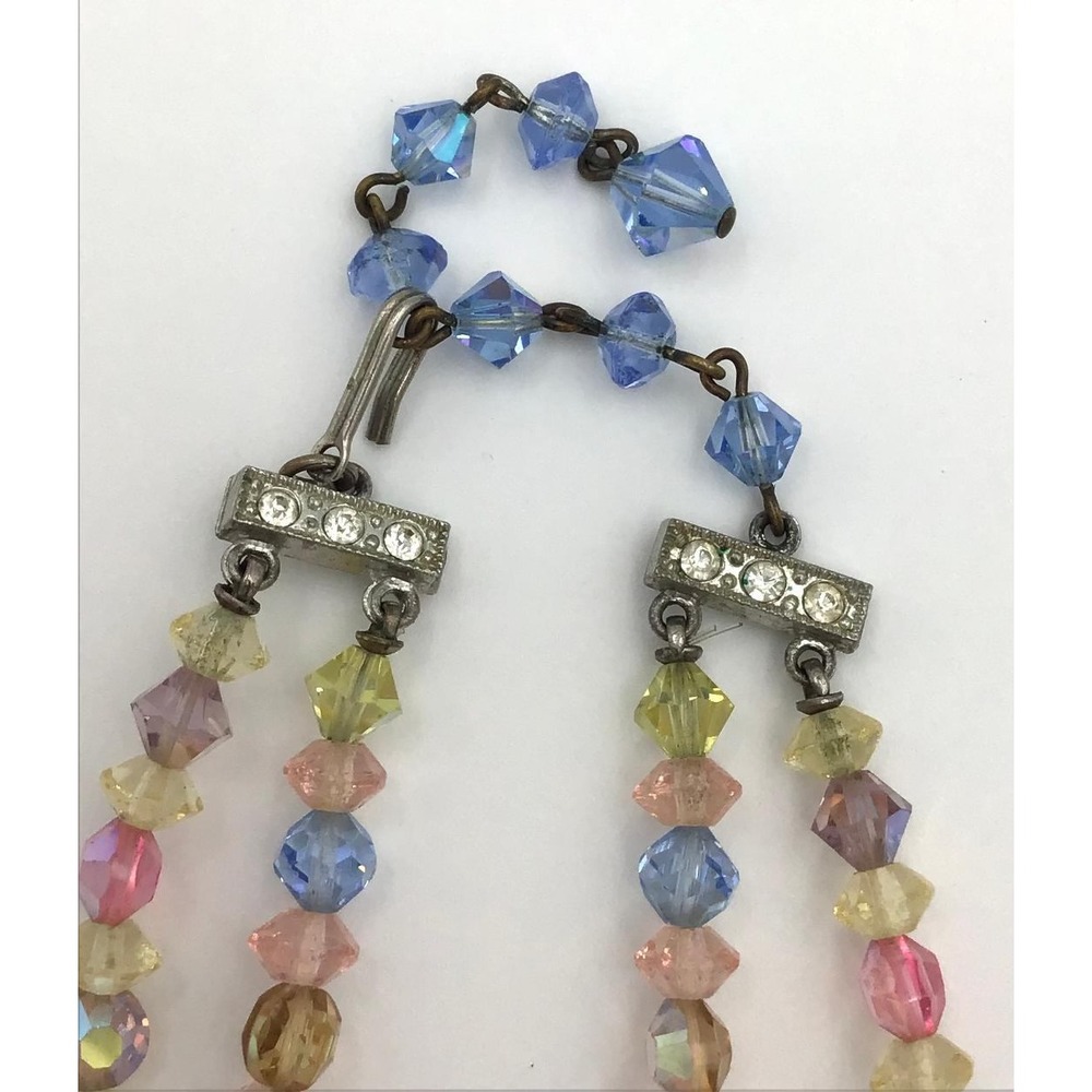 Vintage Aurora Borealis Crystal Bead Double Strand Necklace Pastel Rainbow 16" - Picture 7 of 7